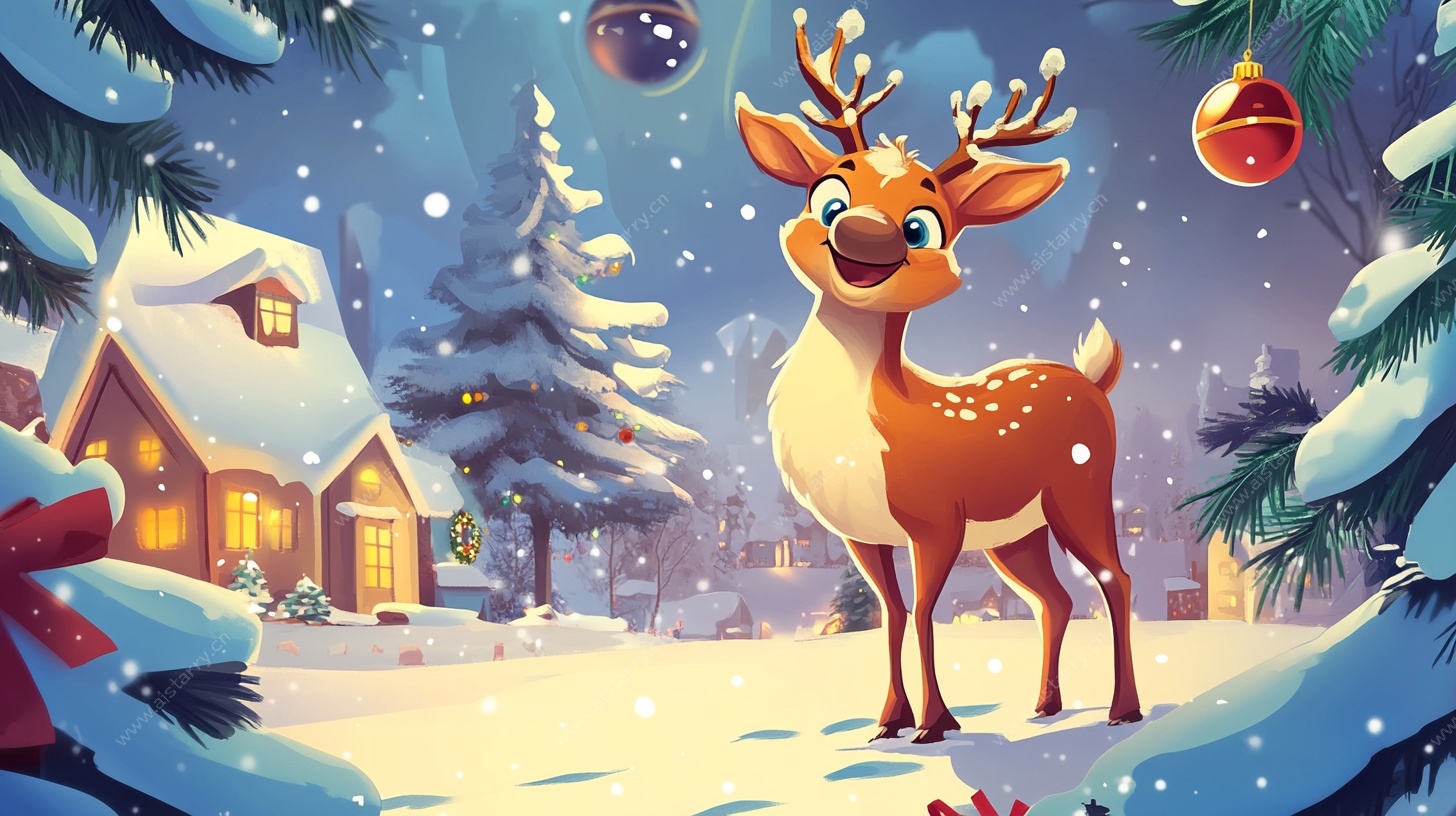 圣诞小鹿的温馨雪景