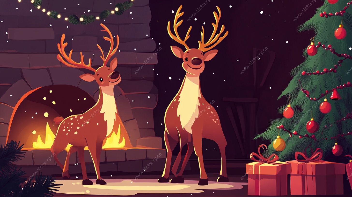 圣诞驯鹿温馨室内场景