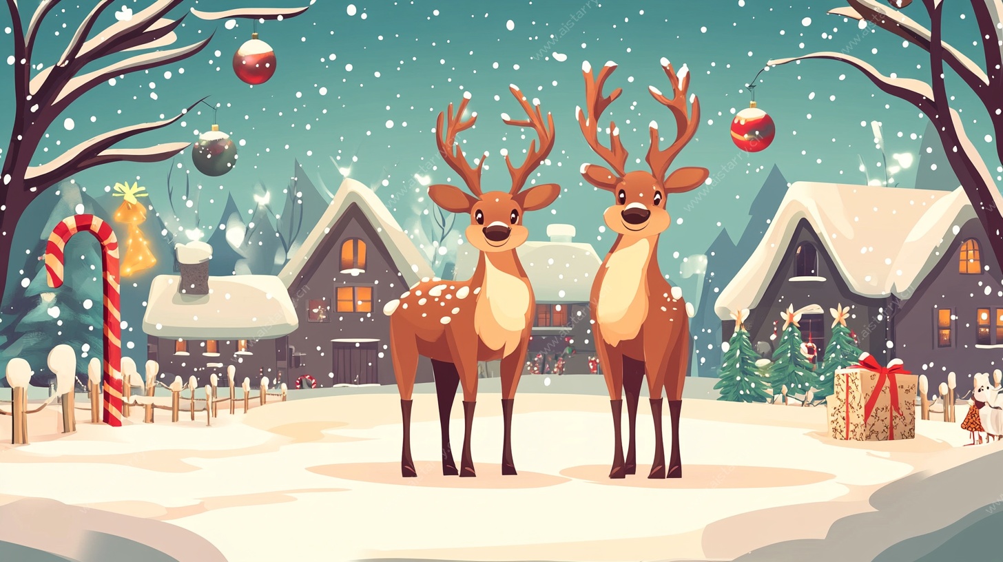 冬日驯鹿的圣诞村庄图景