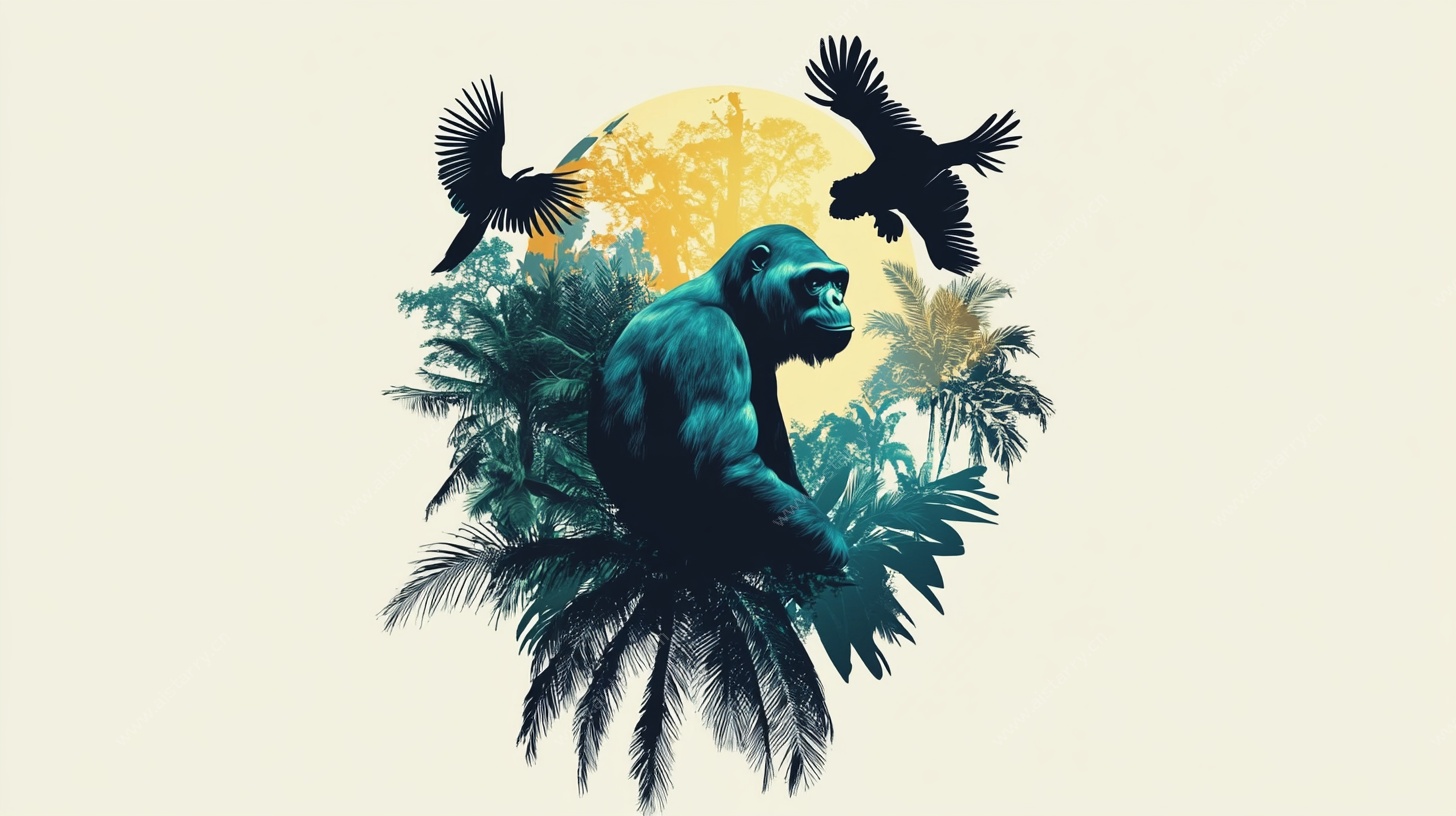 丛林中的大猩猩与飞鸟