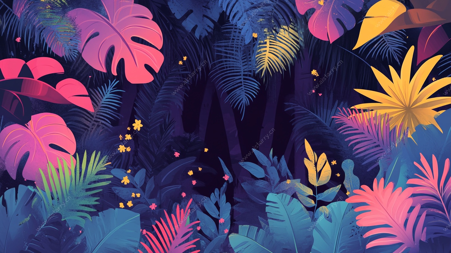 梦幻热带植物夜景插画