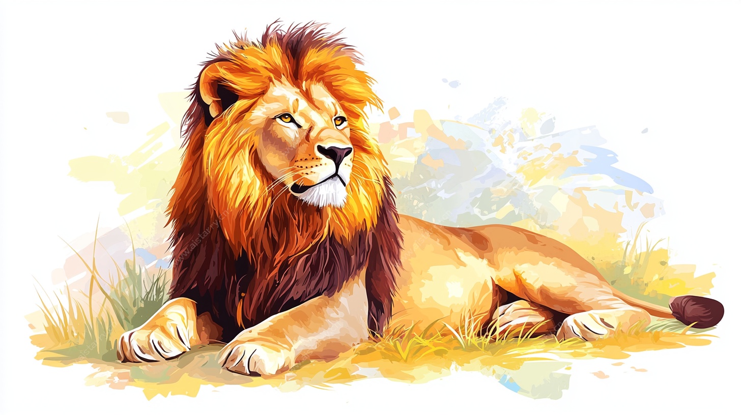 卧姿雄狮水彩绘