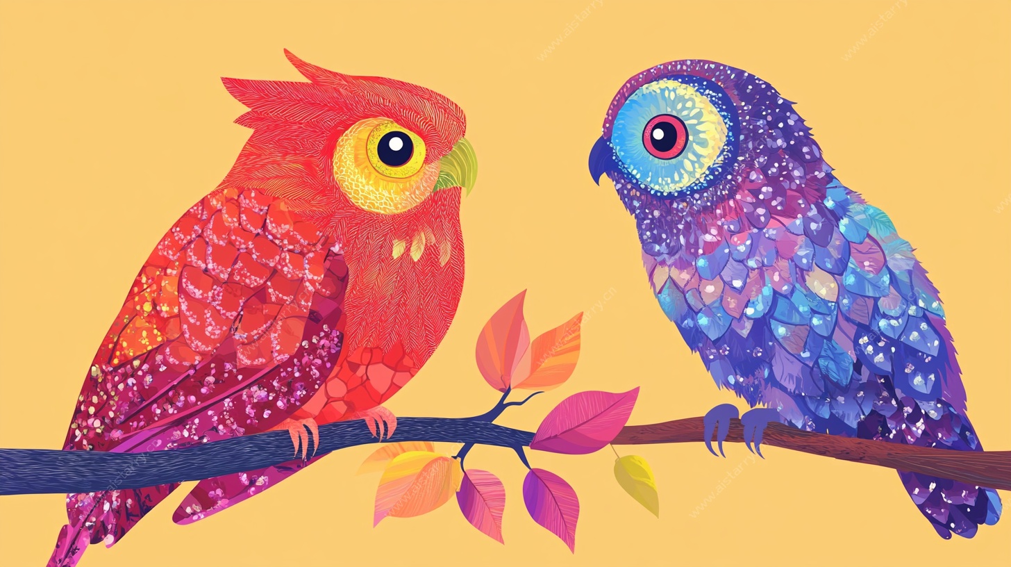 彩色鹦鹉枝头对视插画