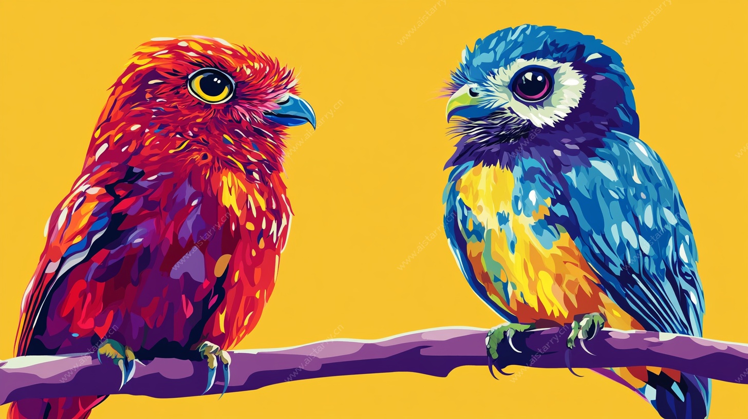 色彩斑斓双鸟栖于枝