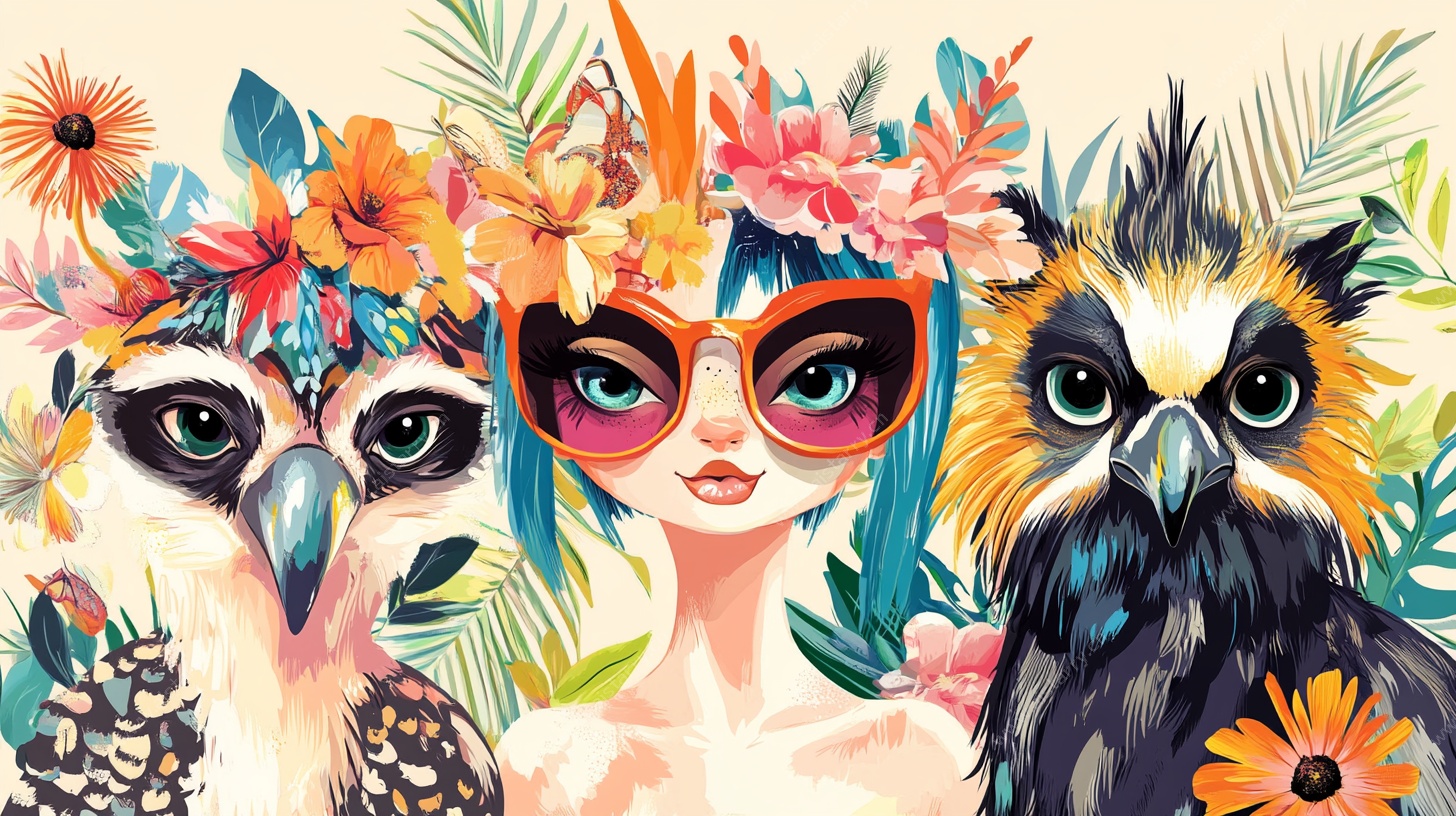 女孩与萌趣鸟儿的奇幻插画