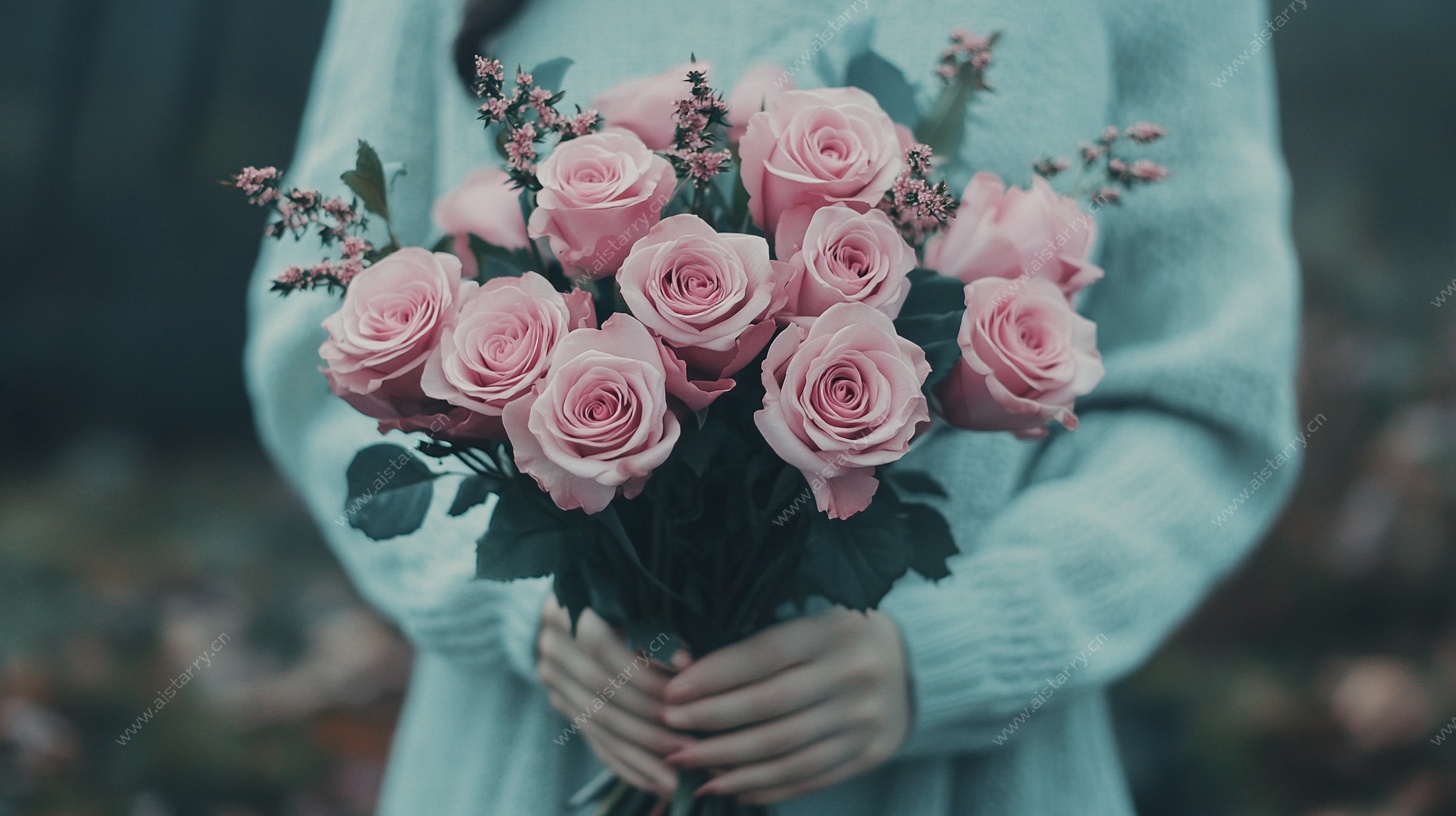 手持粉玫瑰的温柔身影