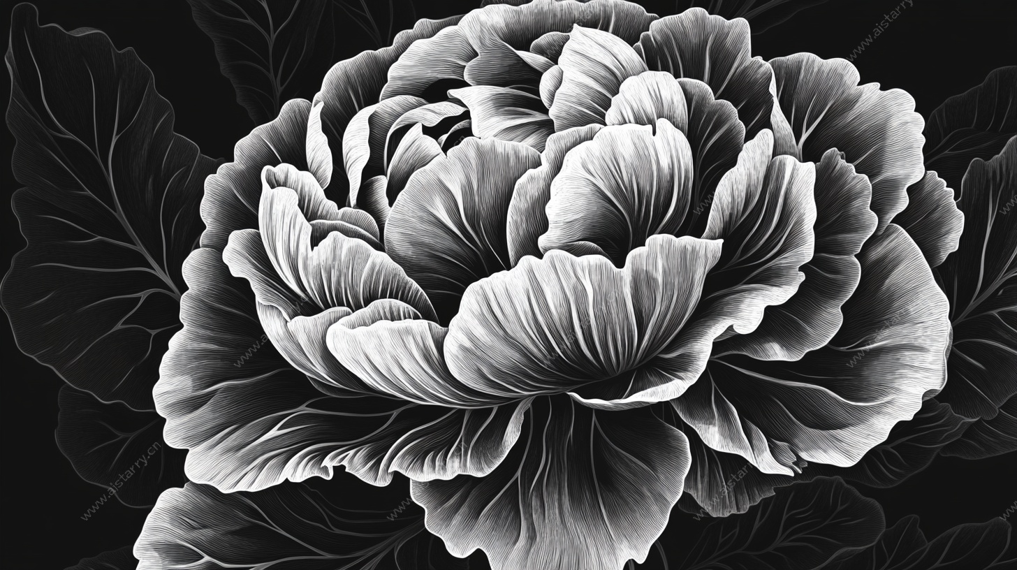 黑白牡丹花卉图