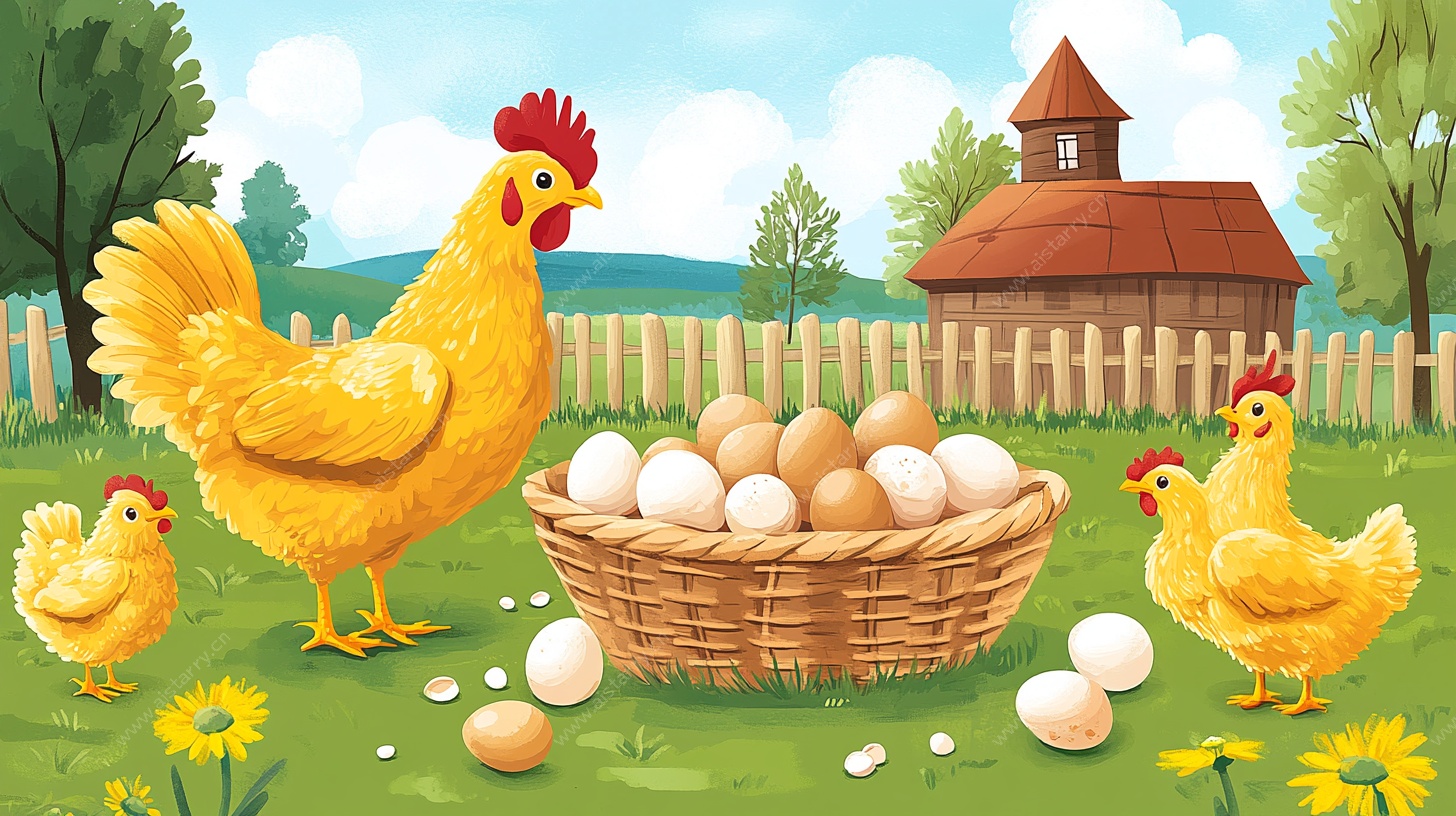 母鸡一家与满篮鸡蛋图