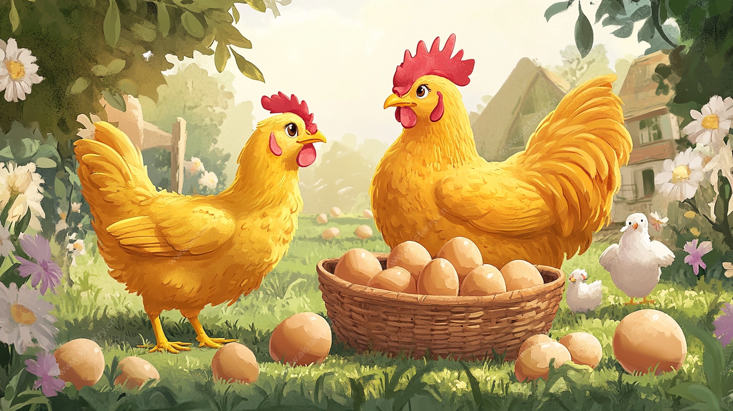田园双鸡与满筐鸡蛋图