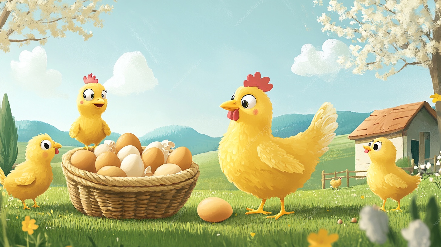 母鸡与小鸡的温馨田园场景