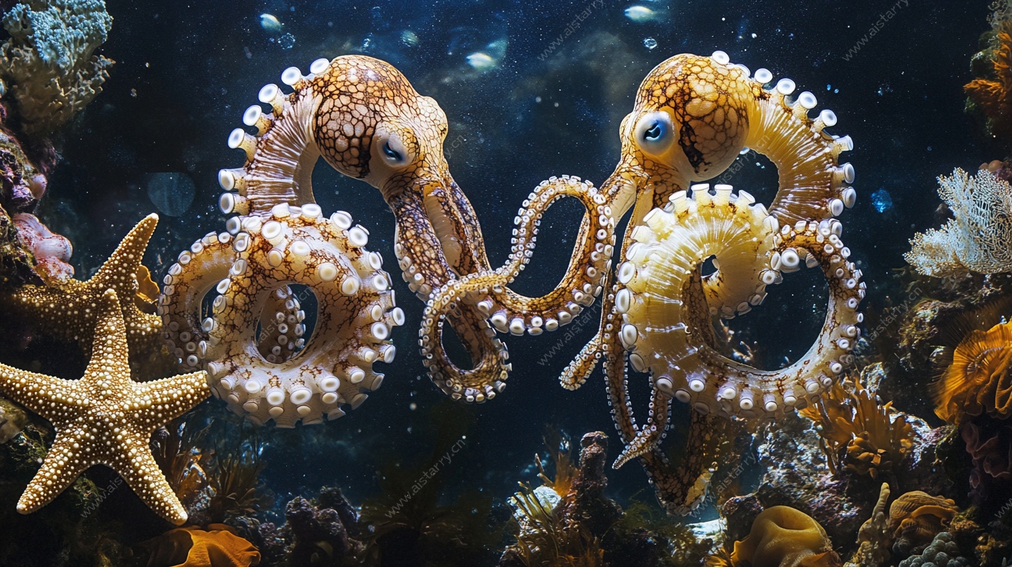海底章鱼与海星的奇妙场景