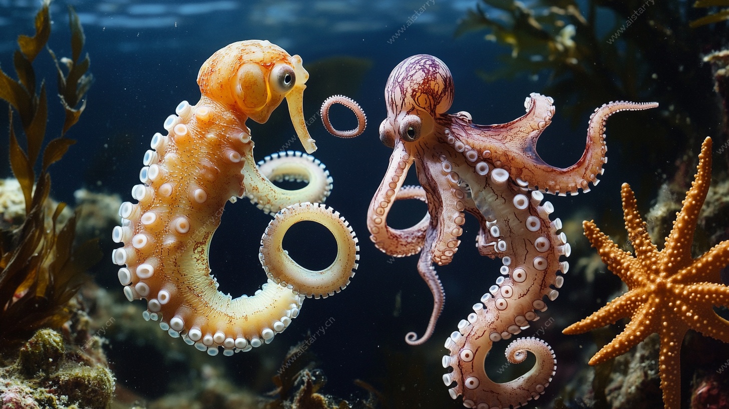 海底双生 章鱼与海马奇幻图