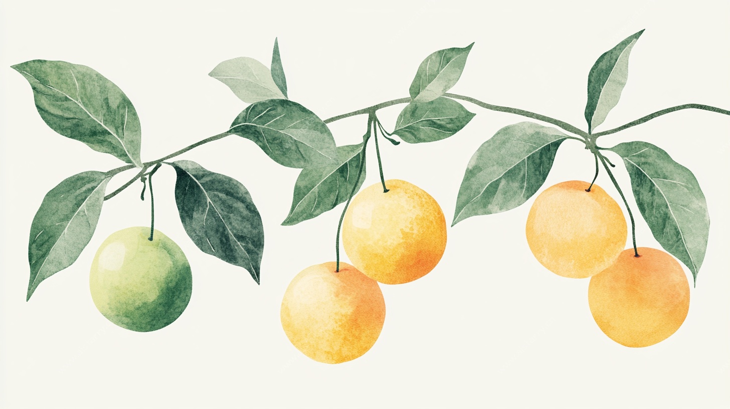 枝头黄果绿叶水彩绘