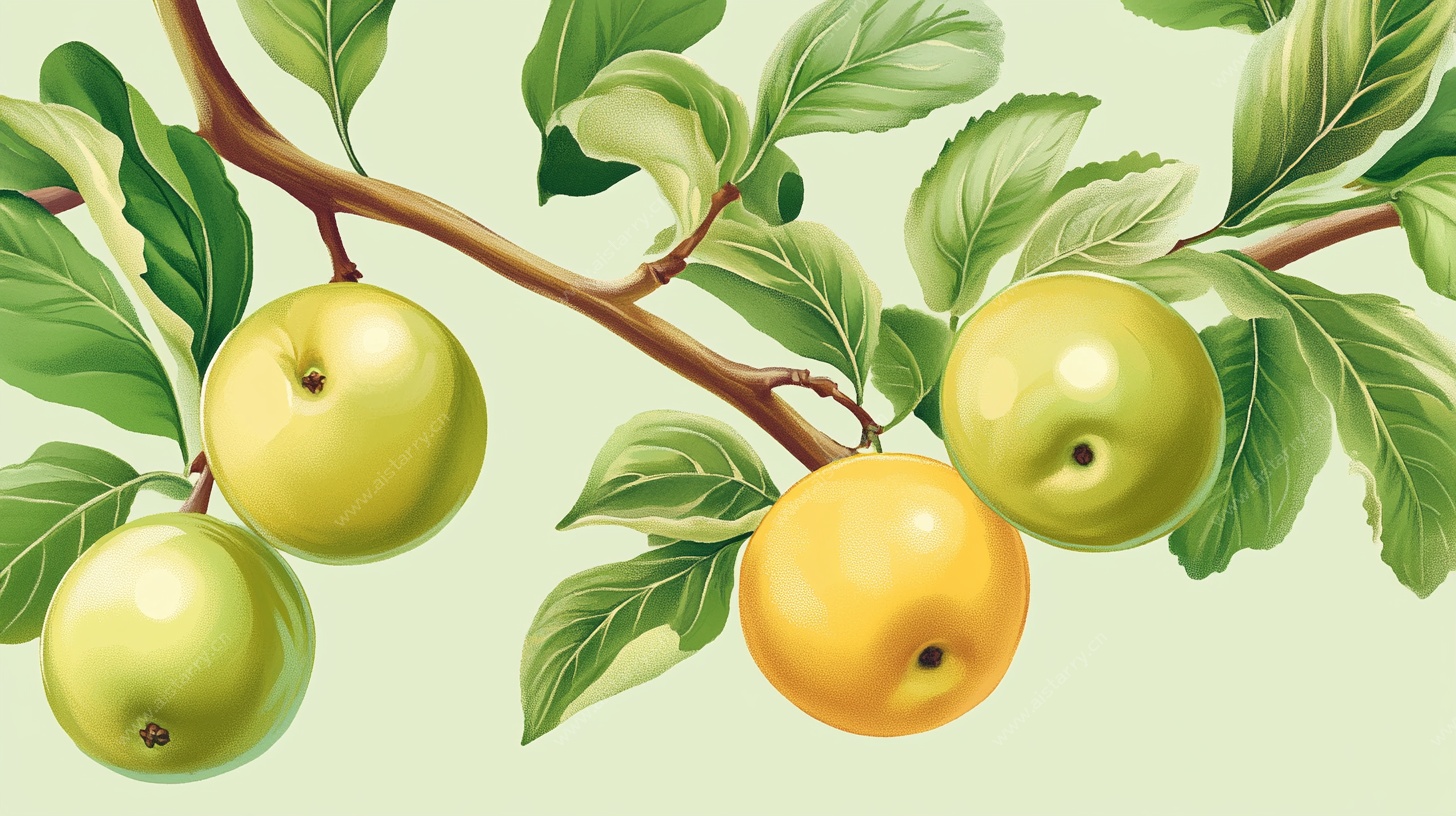 枝头青黄苹果插画