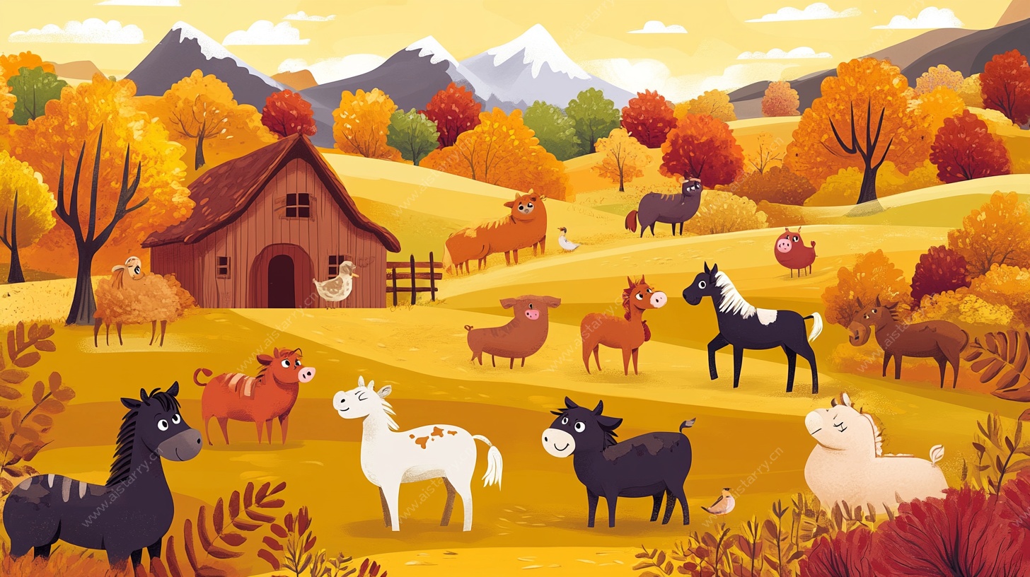 秋日牧场动物欢乐图景