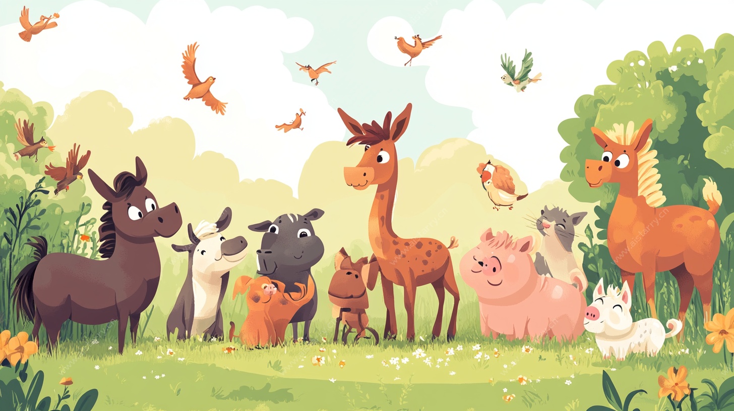 欢乐动物齐聚绿色草地