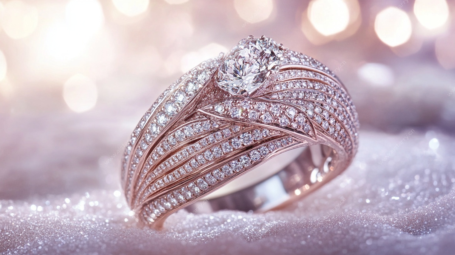 玫瑰金钻石奢华戒指特写
