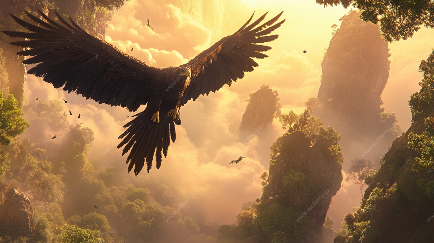 雄鹰翱翔奇幻山林间