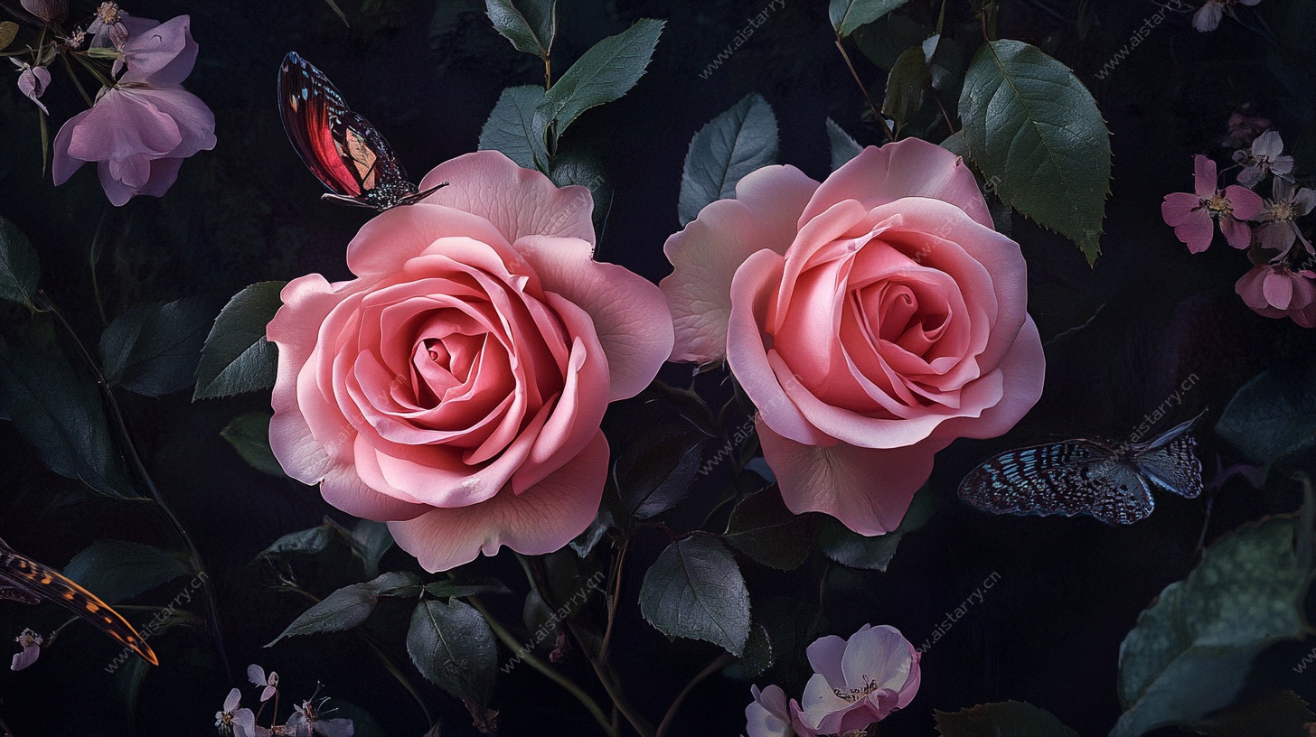 粉色玫瑰与蝶的梦幻景致