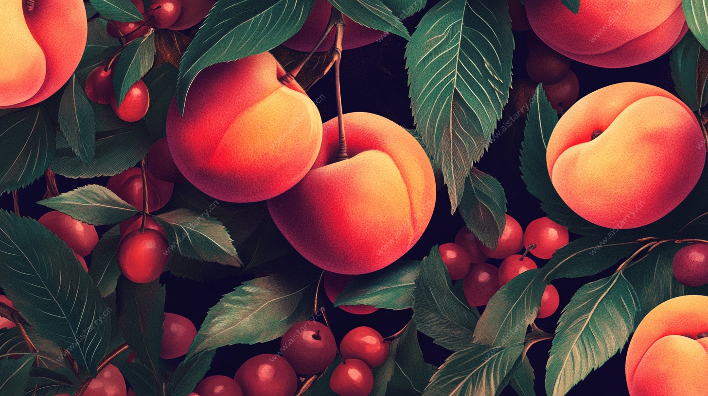 桃与樱桃的缤纷水果插画