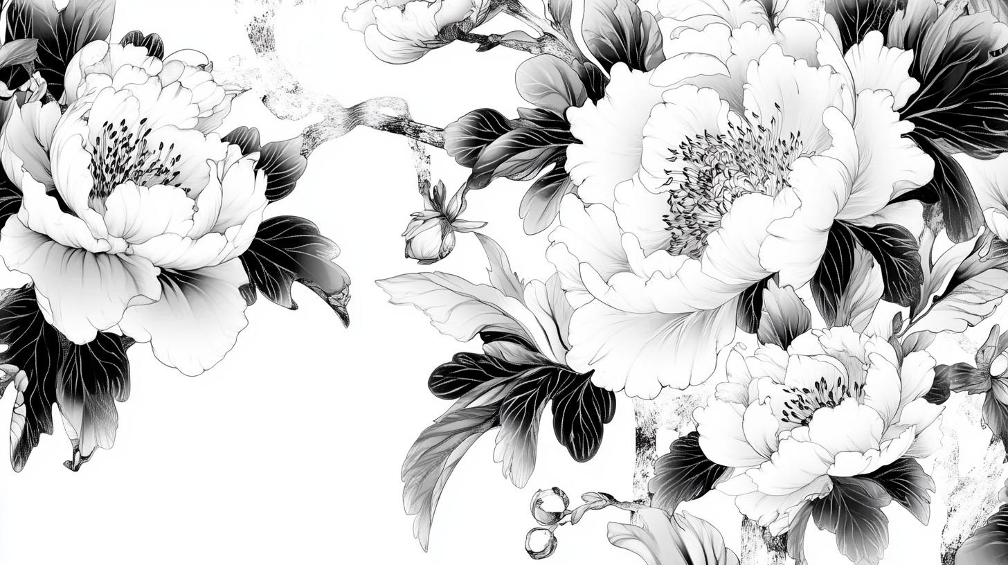 黑白牡丹花卉图案