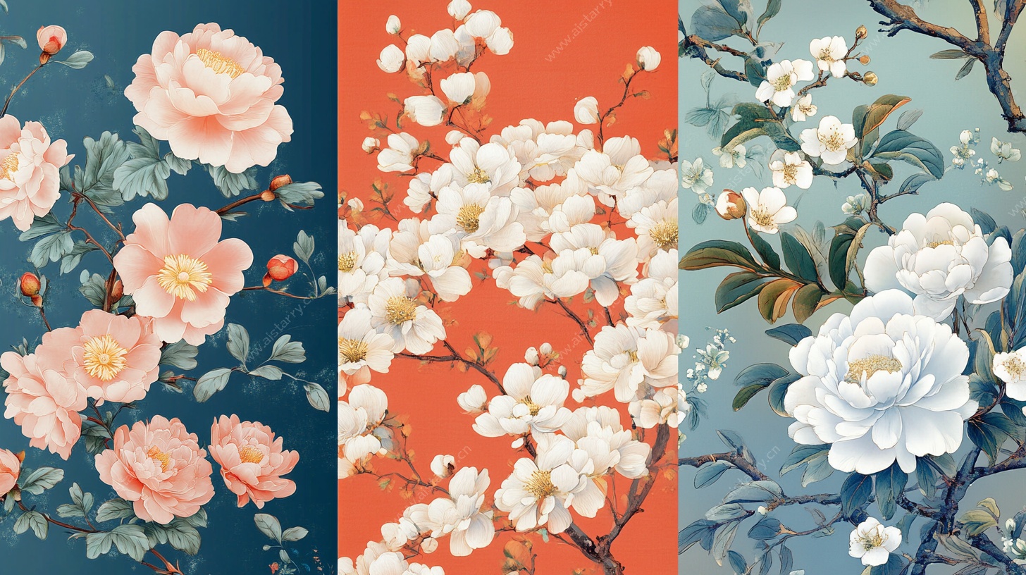 三幅中式花卉图案组合图