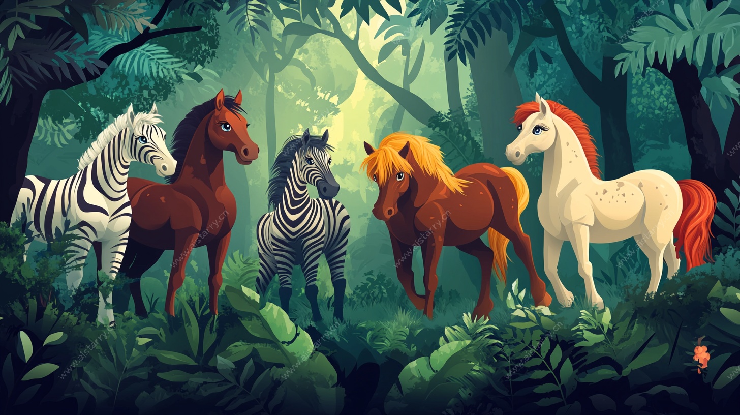 森林中的骏马与斑马