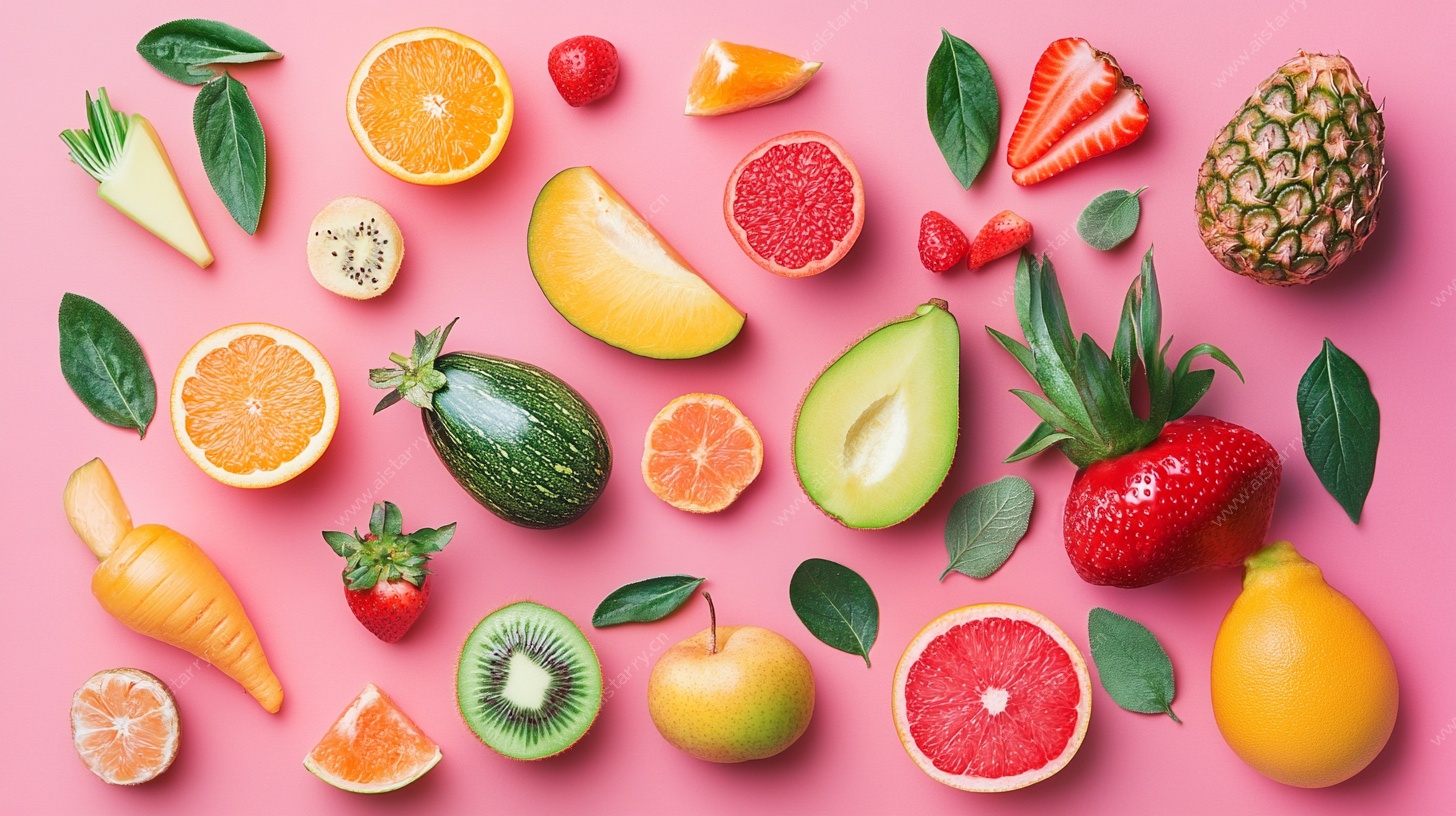 缤纷水果的粉色背景摆拍