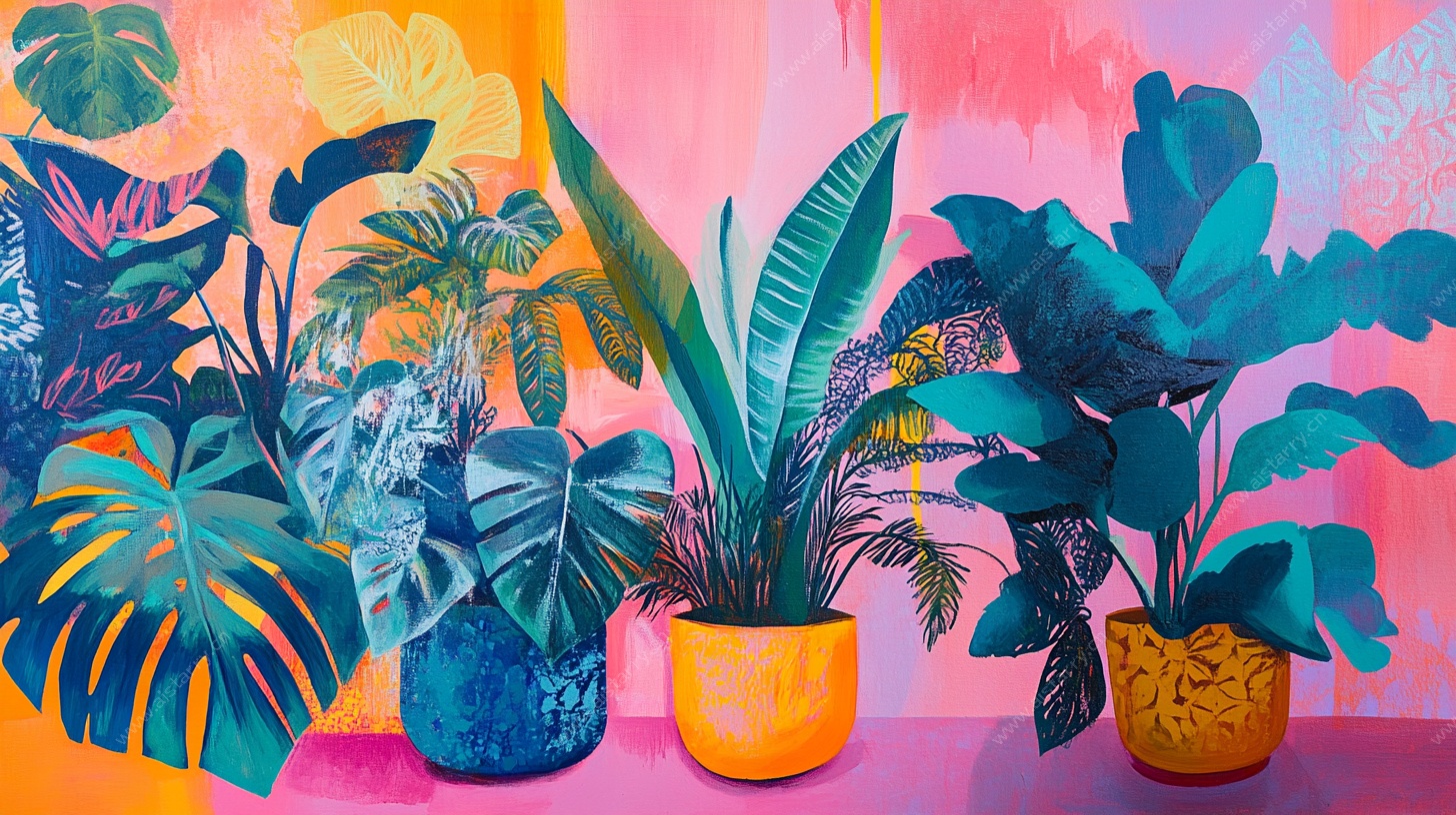 多彩盆栽艺术插画