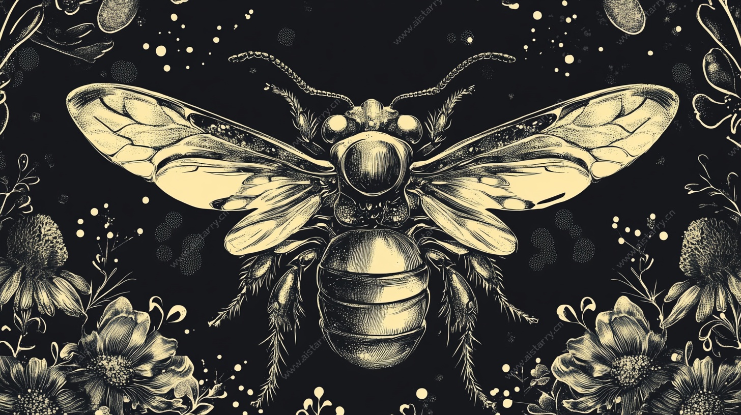 复古风蜜蜂花卉插画