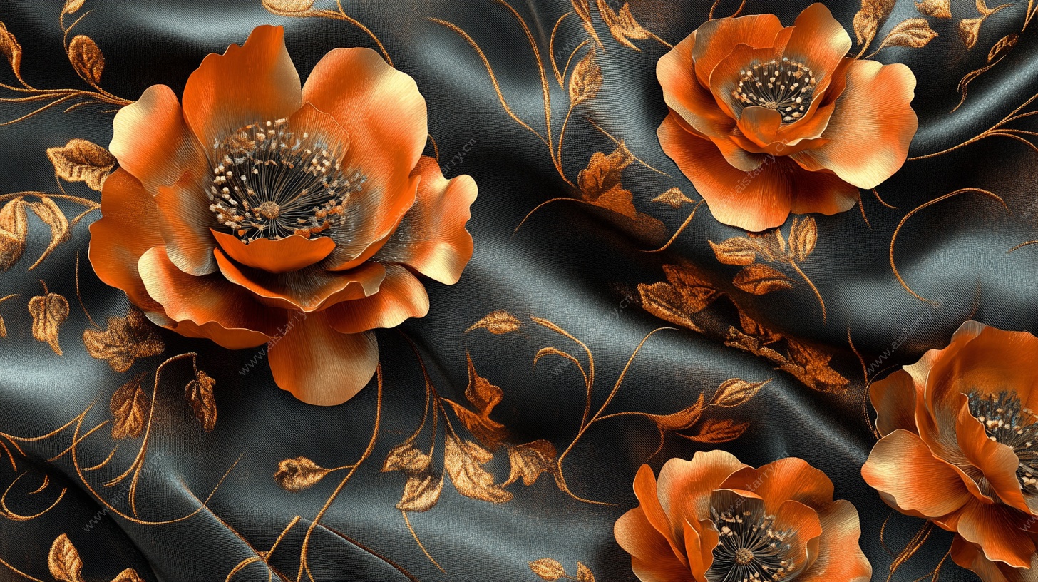 黑底金橙花卉丝绸图案