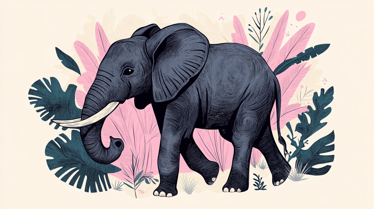 大象漫步于植物间插画