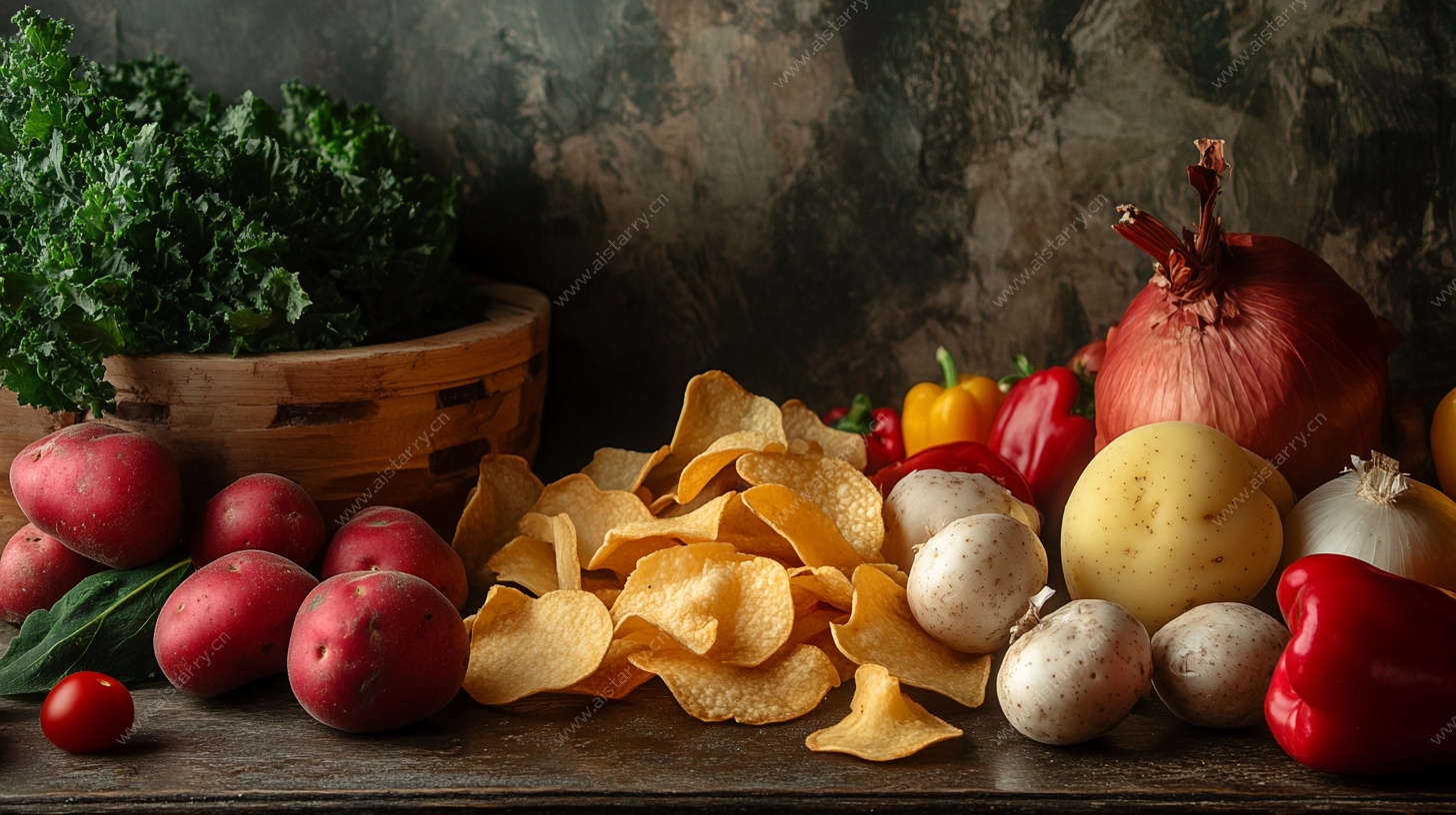 多彩蔬果与薯片静物摆拍
