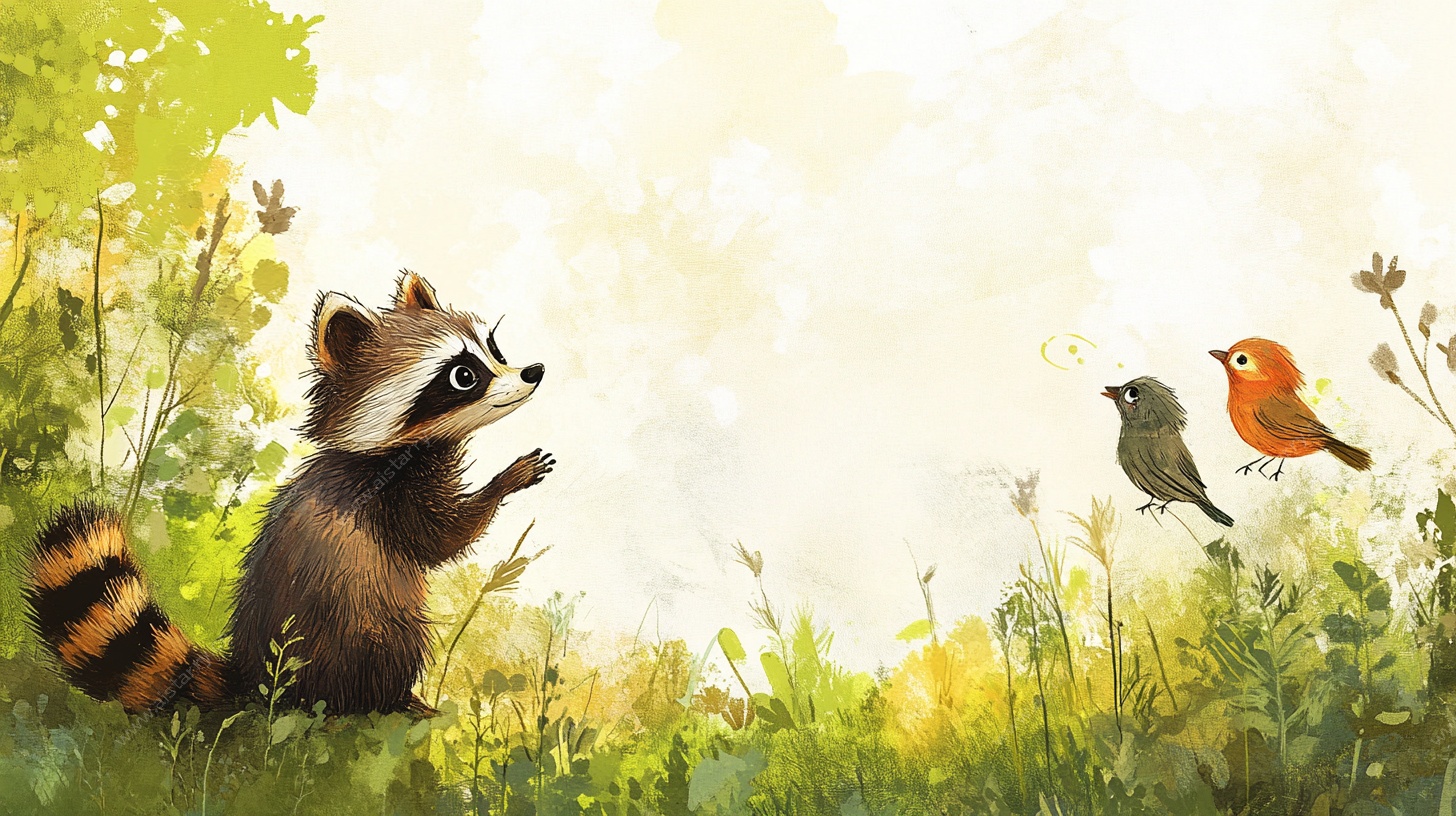 浣熊与小鸟的林间互动