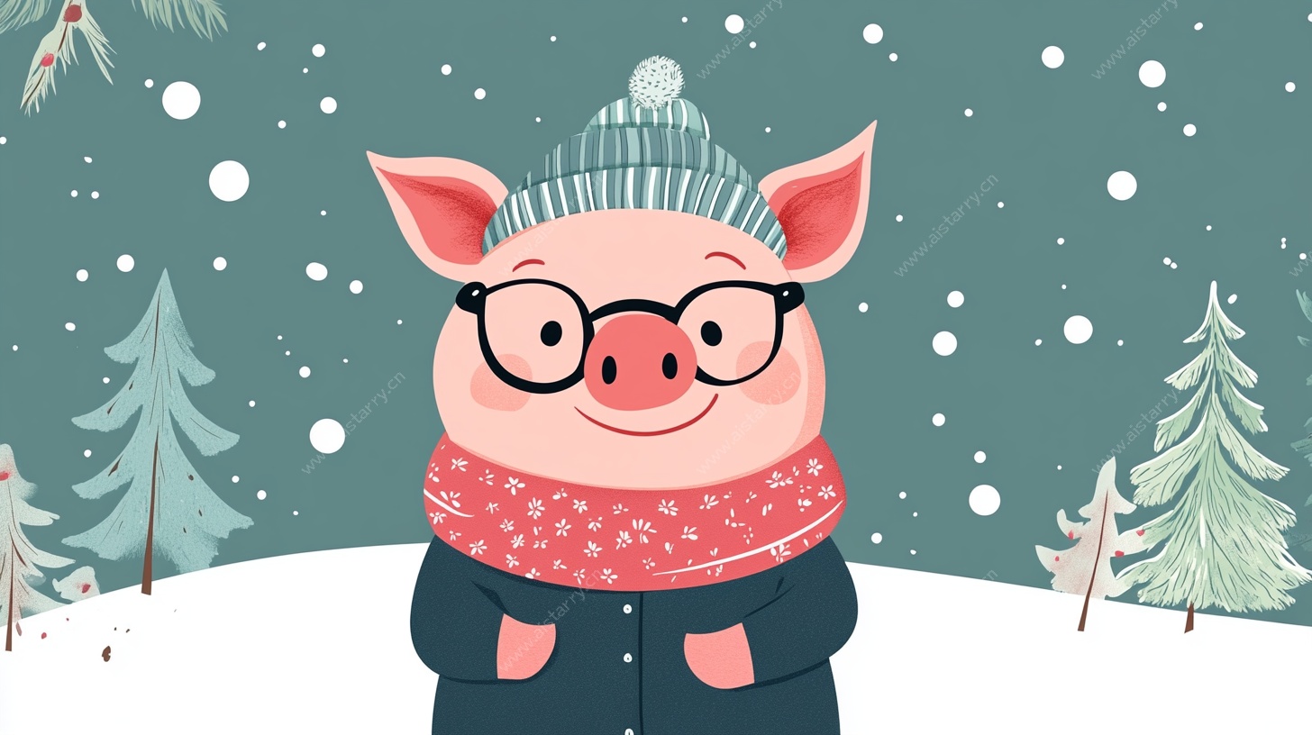 冬日萌猪雪景图