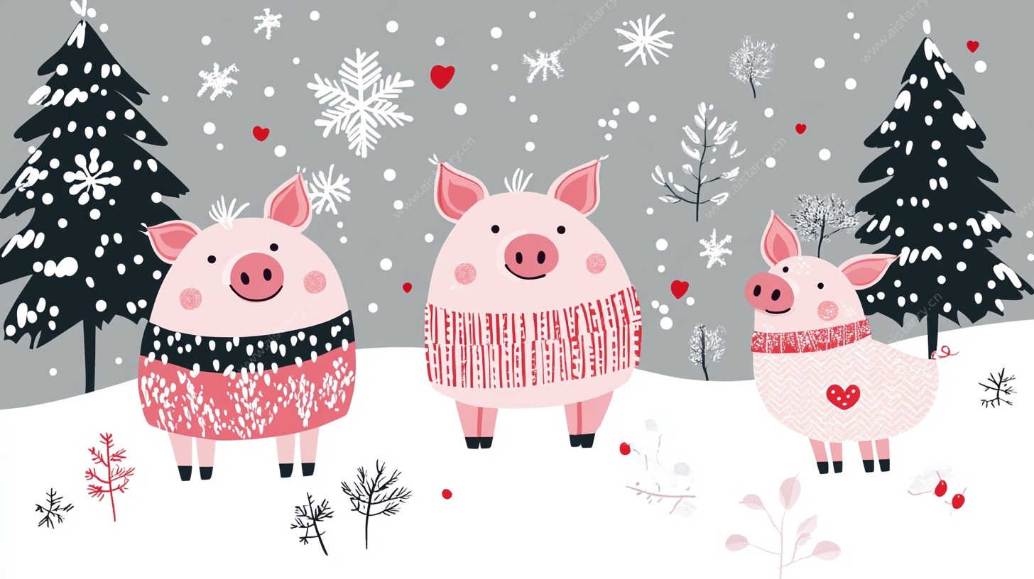 三只萌猪的冬日雪景图