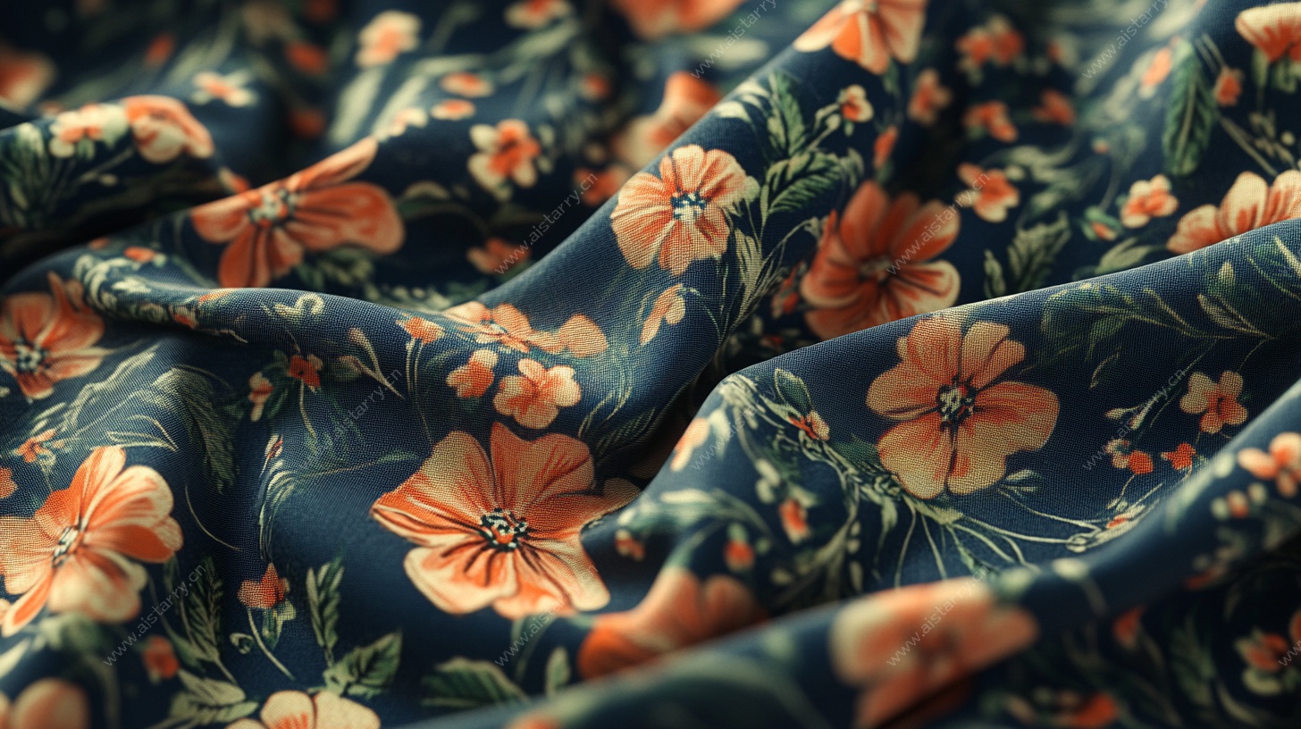 深蓝色花卉印花布料纹理