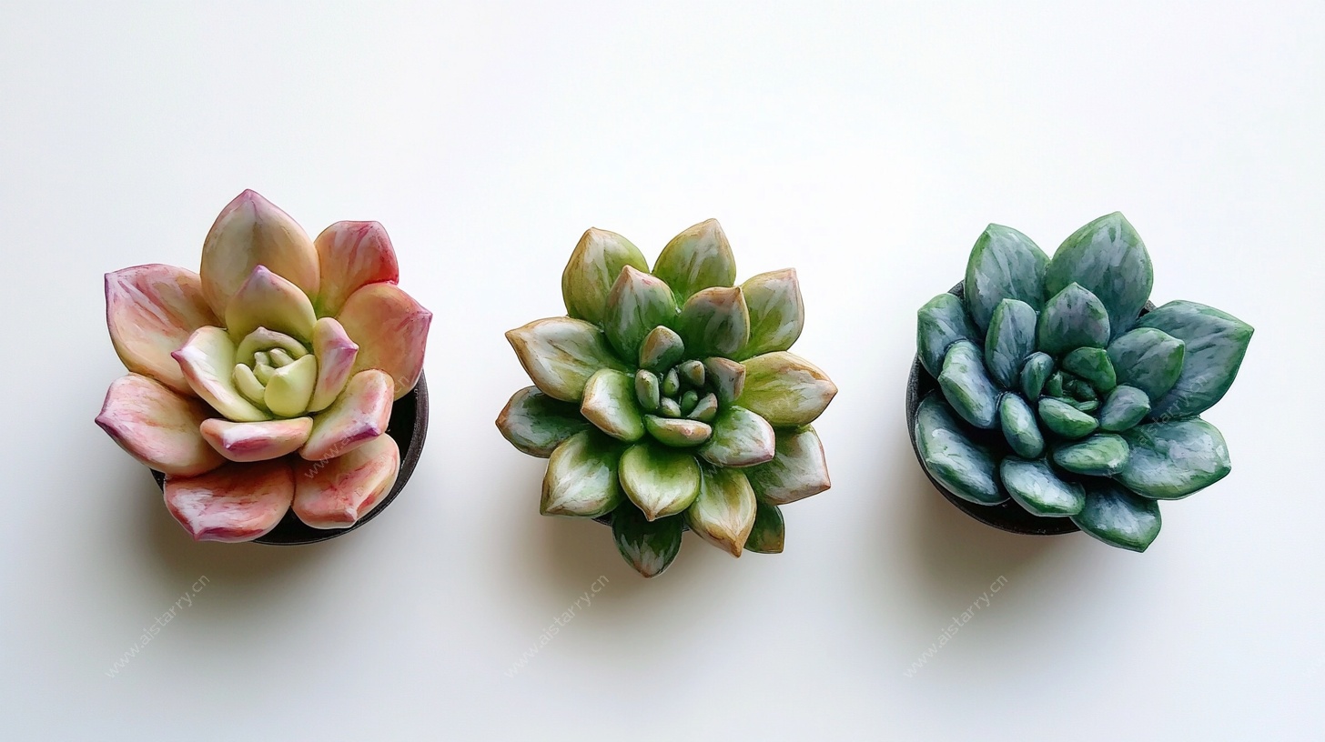 三株多彩多肉植物特写