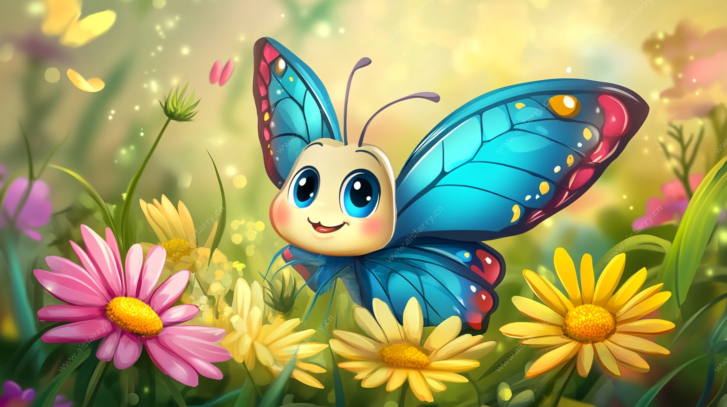 可爱蓝蝶在花丛中飞舞