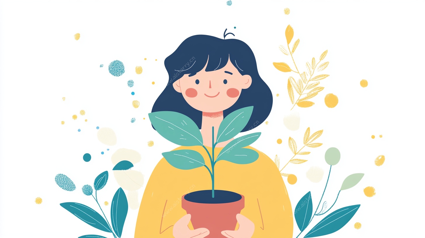 女孩捧绿植的清新插画