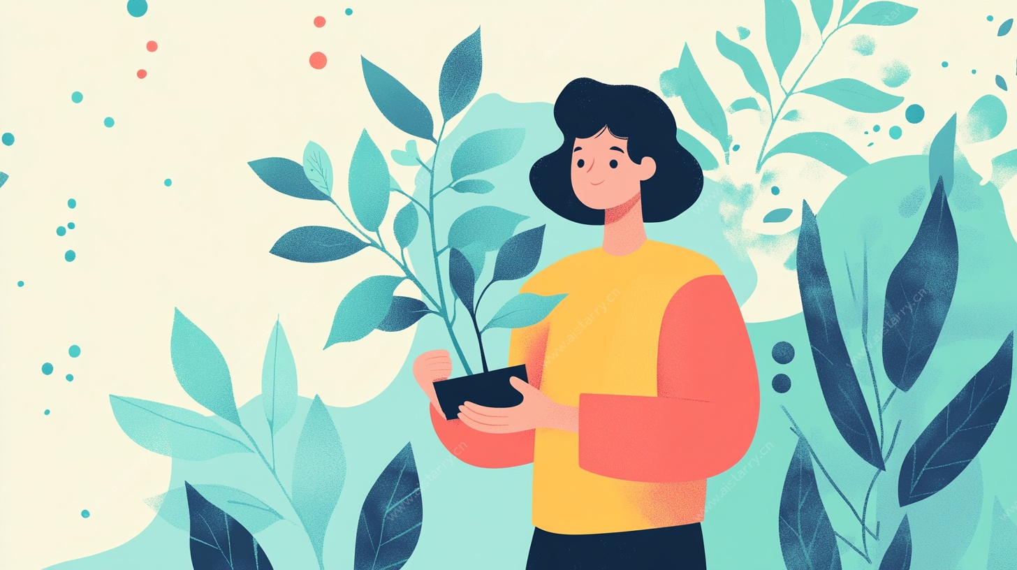女子捧绿植插画