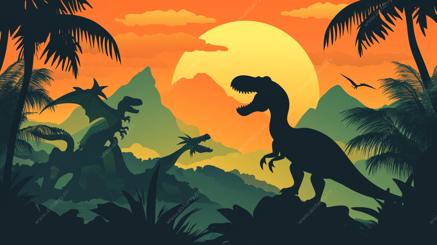 黄昏下的恐龙丛林剪影