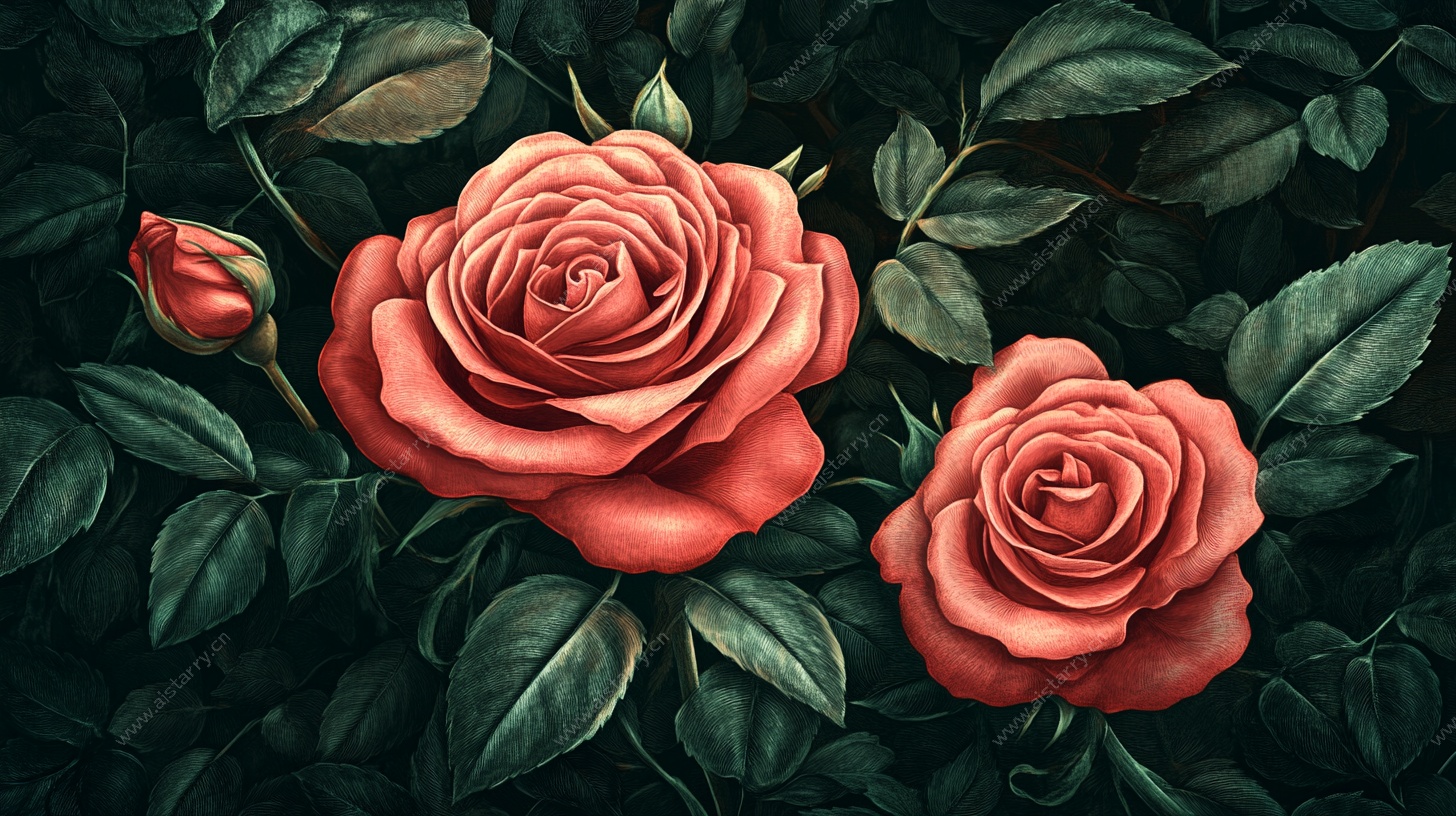 复古红玫瑰插画