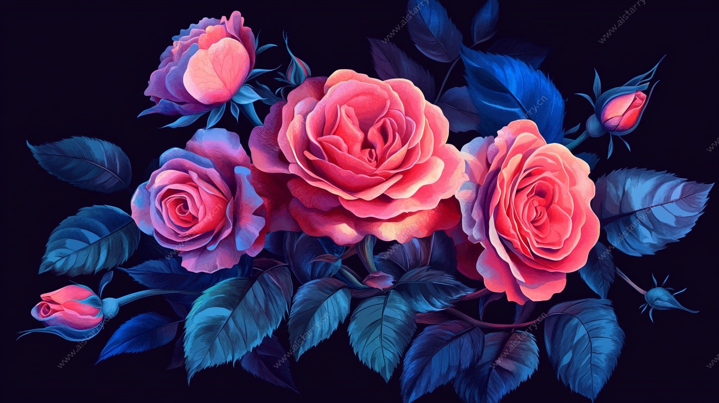 梦幻粉蓝调玫瑰花卉图
