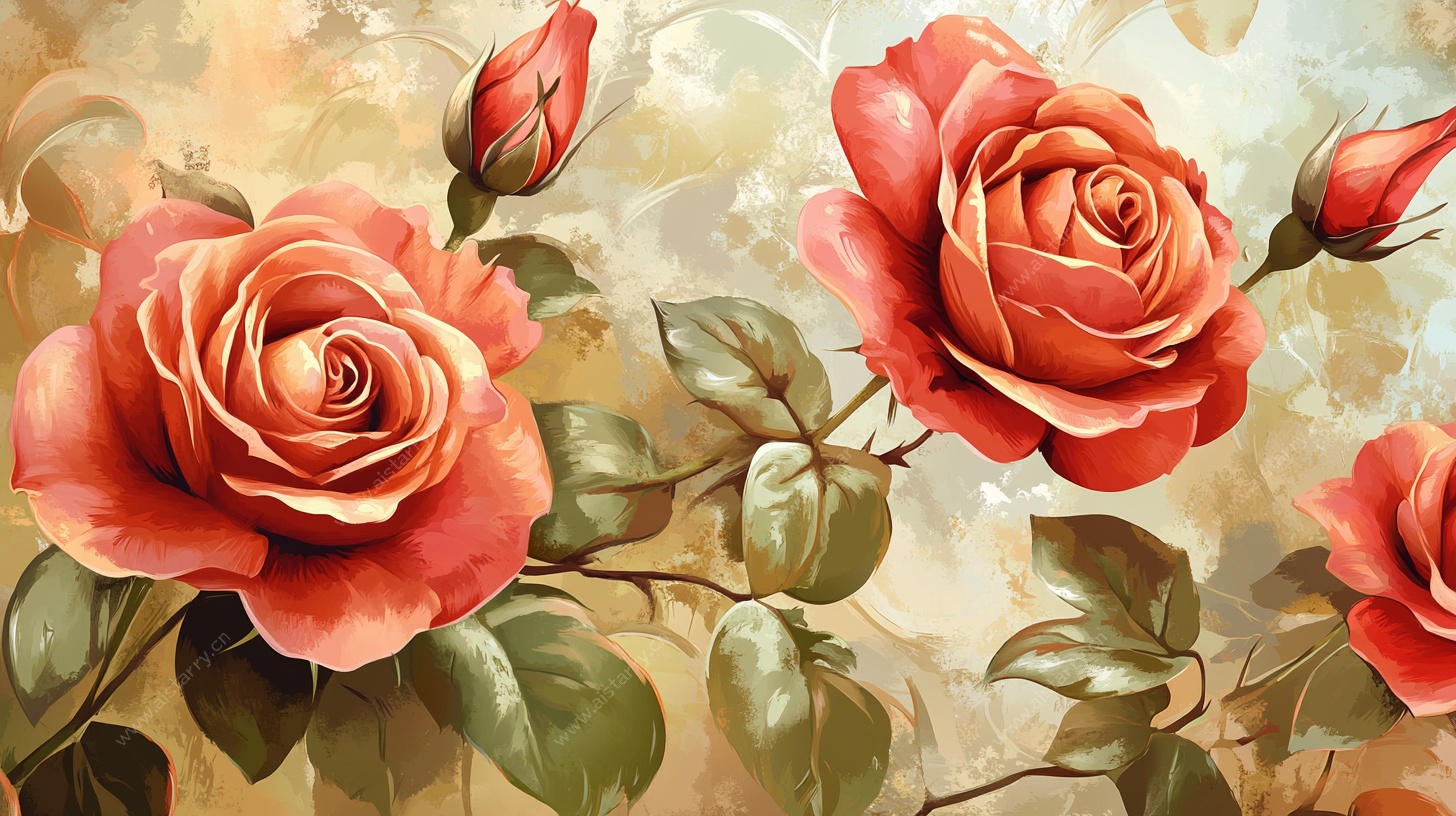 复古风盛开红玫瑰插画