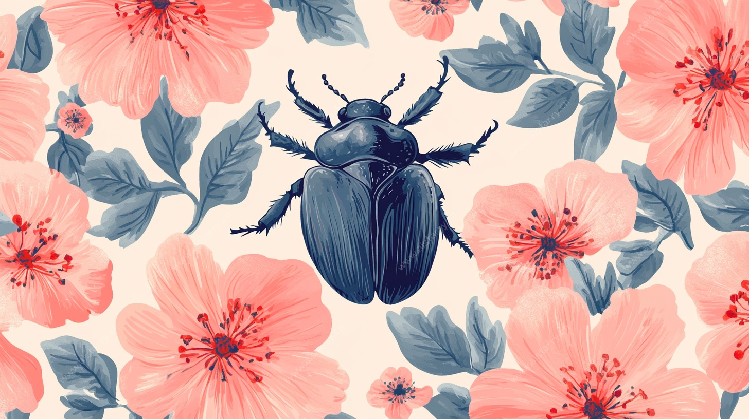 花卉间的甲虫插画图案
