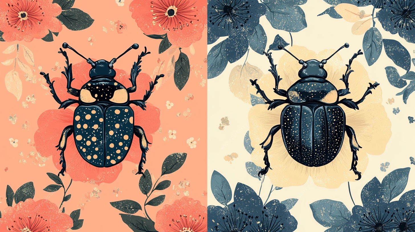 双色调甲虫花卉插画