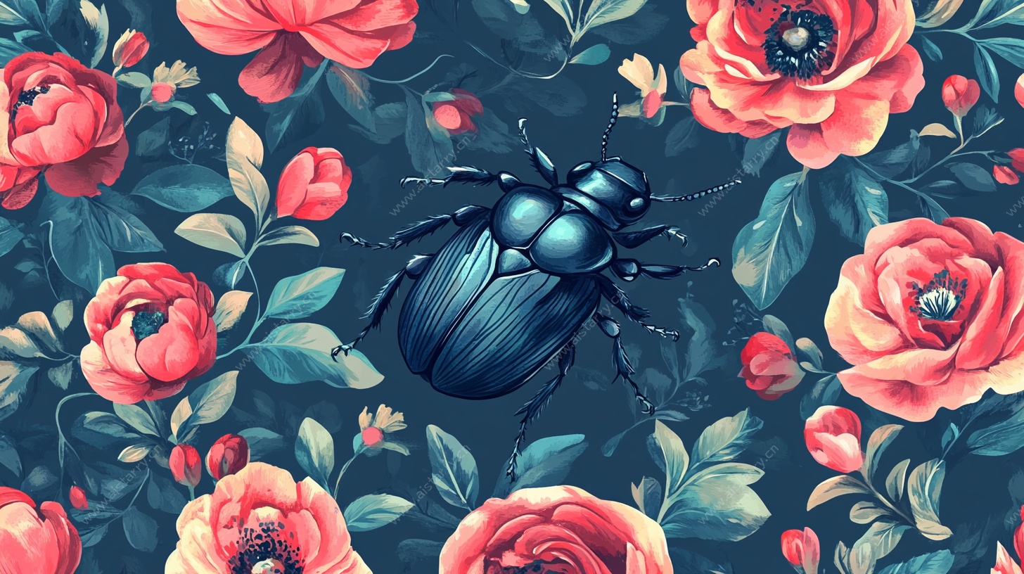 甲虫栖于繁花间的梦幻图景
