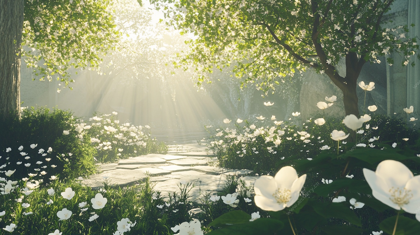 阳光洒落的梦幻花卉小径