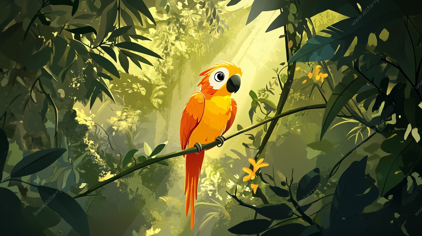 鹦鹉栖于丛林光影间